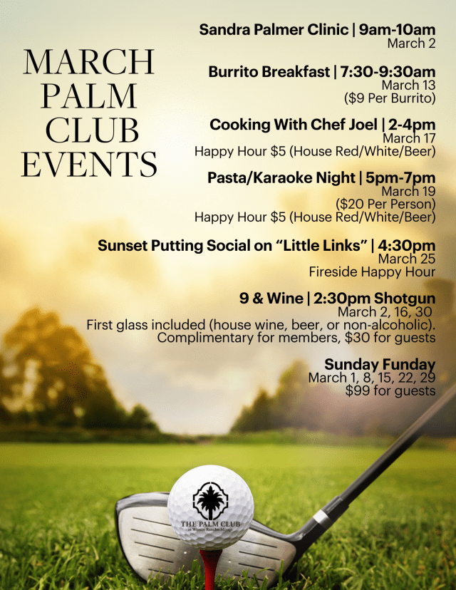 Palm Club March 2026 Event Calendar