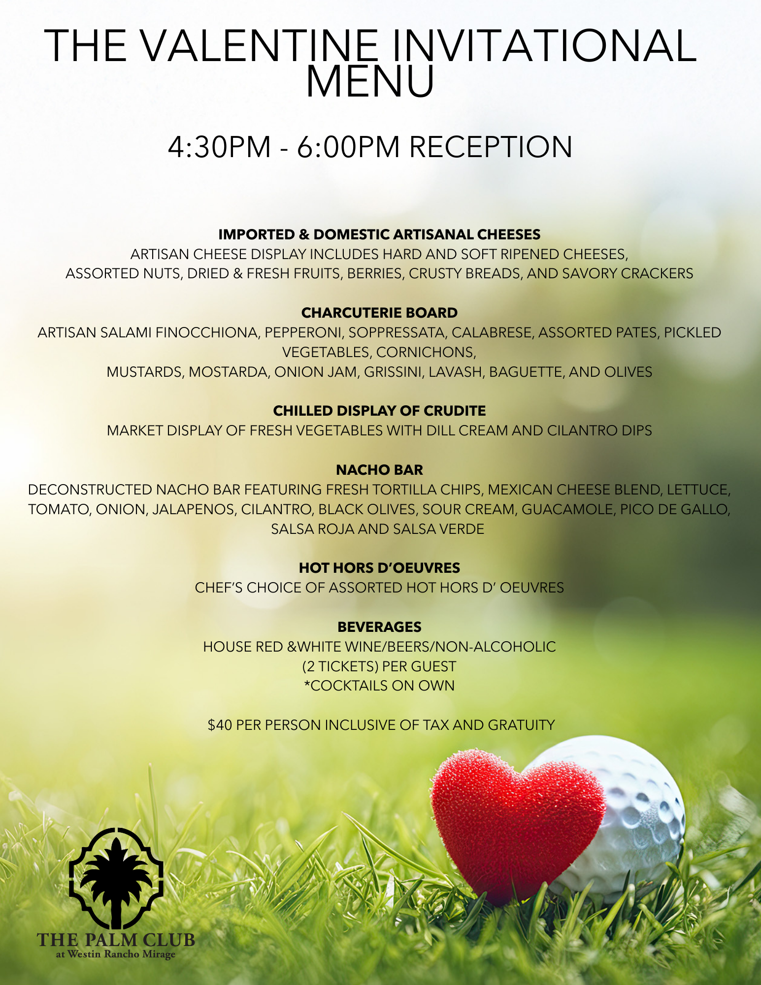 The Palm Club Valentines Invitational Menu